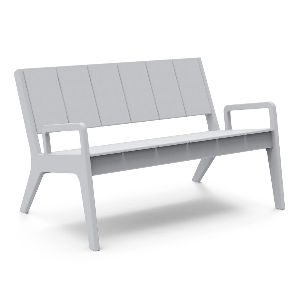Light gray outdoor bench with slatted back and arms