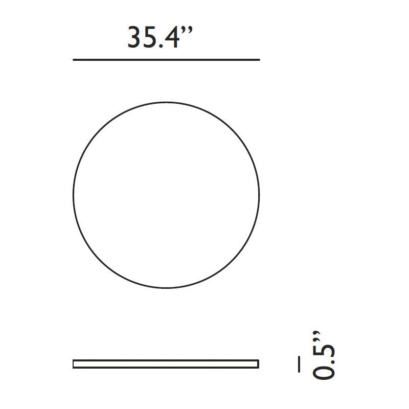 A diagram showing the diameter of a table top as 35.4 inches and thickness as 0.5 inches.